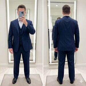 Ralph Lauren Men's 3 Piece Suit 46R 40x28 Navy Blue 100% Wool Formal Wedding